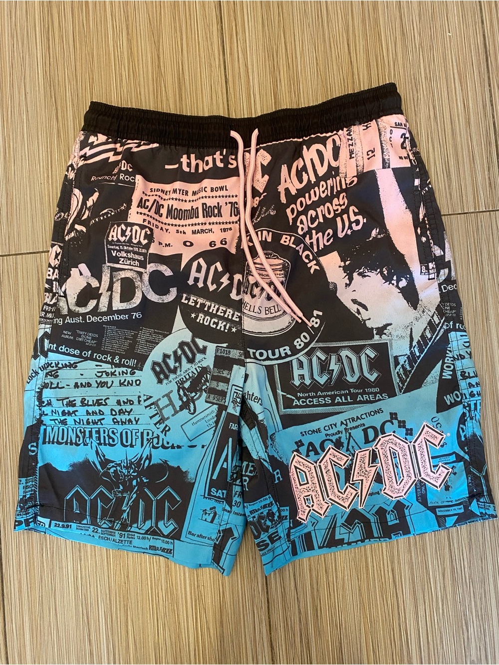 AC/DC Black, Pink & BlueGraphic Swim Shorts / Trunks - Size Men S
